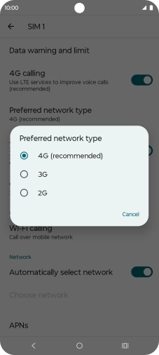 Press the required network mode.