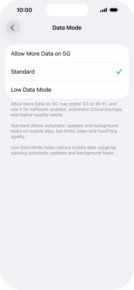Press the required setting.