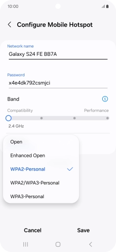 Press WPA3-Personal to password protect your Wi-Fi hotspot.