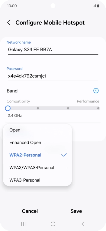 Press WPA3-Personal to password protect your Wi-Fi hotspot.