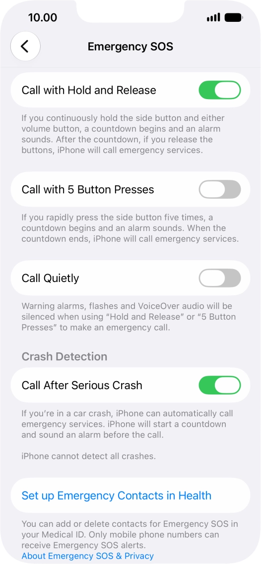 Press Set up Emergency Contacts in Health and follow the instructions on the screen to key in your emergency info and emergency contacts.