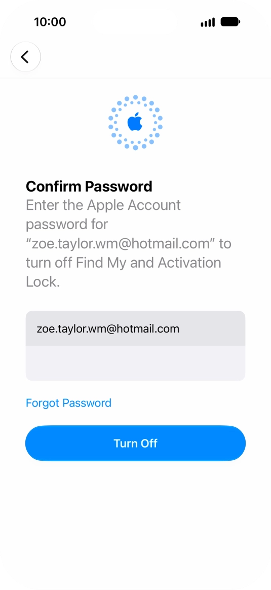 Key in the password for your Apple Account and press Turn Off. Wait a moment while the factory default settings are restored. Follow the instructions on the screen to set up your phone and prepare it for use.