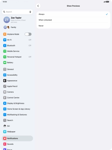 To select notification preview on the lock screen, press Always.