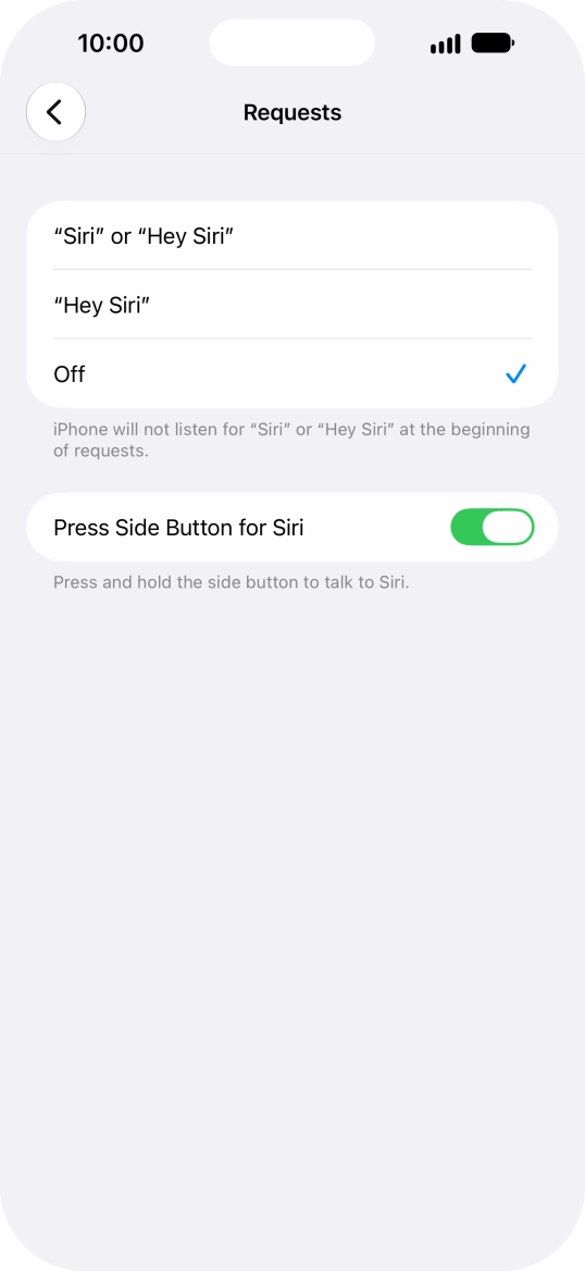 Press the required setting to turn the function on or off. If you turn on the function, you need to follow the instructions on the screen to set up Siri to recognise your voice.