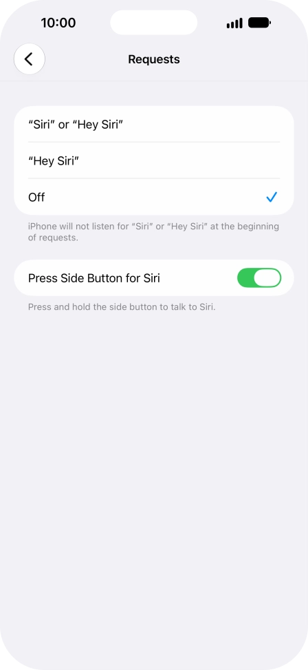 Press the required setting to turn the function on or off. If you turn on the function, you need to follow the instructions on the screen to set up Siri to recognise your voice.