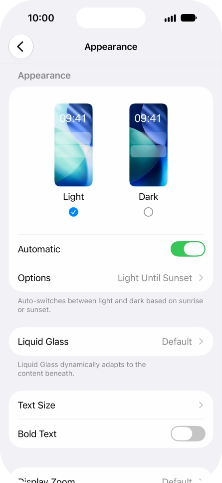 If you turn on the function, press Options and follow the instructions on the screen to select the required period of time for Dark Mode. If you turn on the function, press Options and follow the instructions on the screen to select the required period of time for Dark Mode.