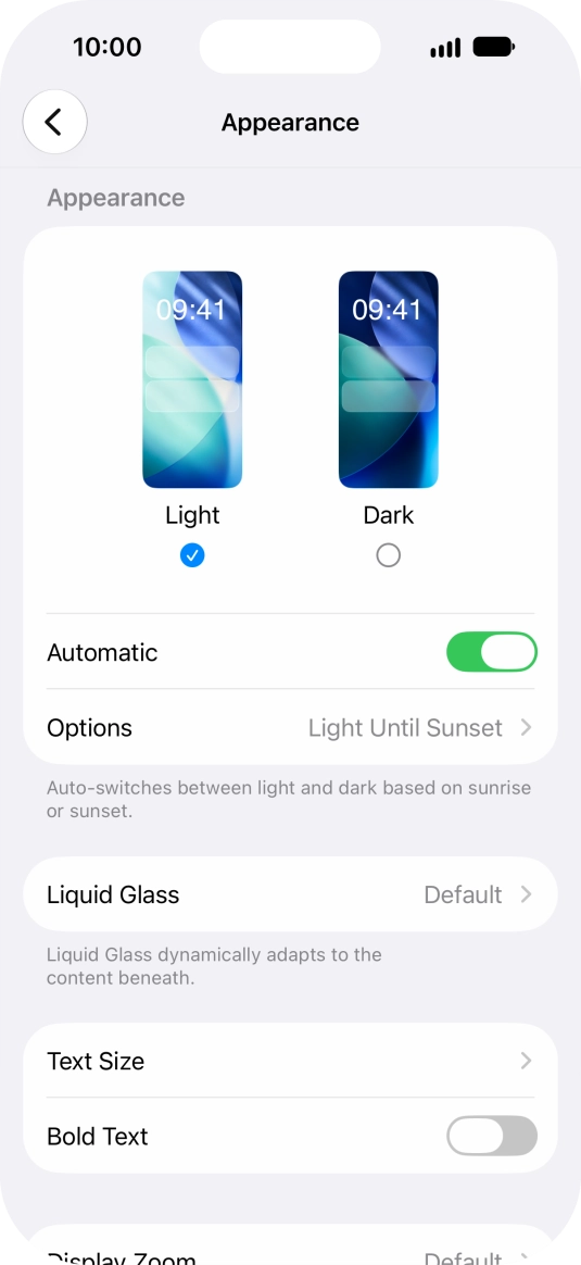 If you turn on the function, press Options and follow the instructions on the screen to select the required period of time for Dark Mode. If you turn on the function, press Options and follow the instructions on the screen to select the required period of time for Dark Mode.