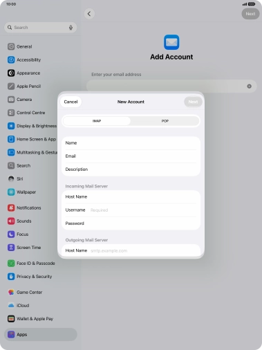 Press Username and key in the username for your email account. Press Username and key in the username for your email account.