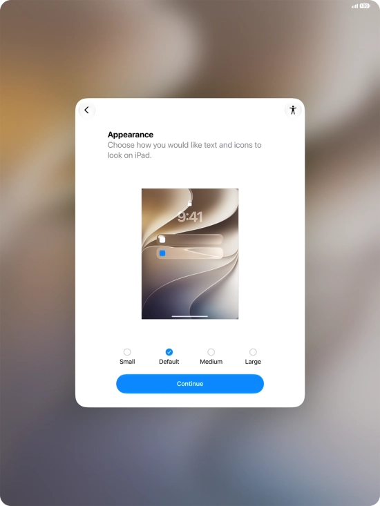 Select the required text and icon size on your tablet and press Continue.