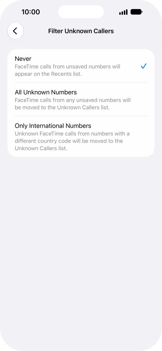 Press the required setting to turn the function on or off.