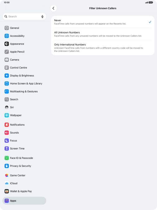 Press the required setting to turn the function on or off.