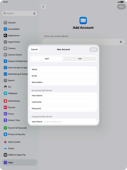 Press Host Name and key in the name of your email provider's outgoing server.