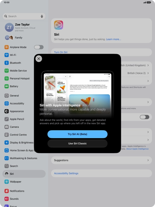 Press Try Siri AI and follow the instructions on the screen to turn on the function.