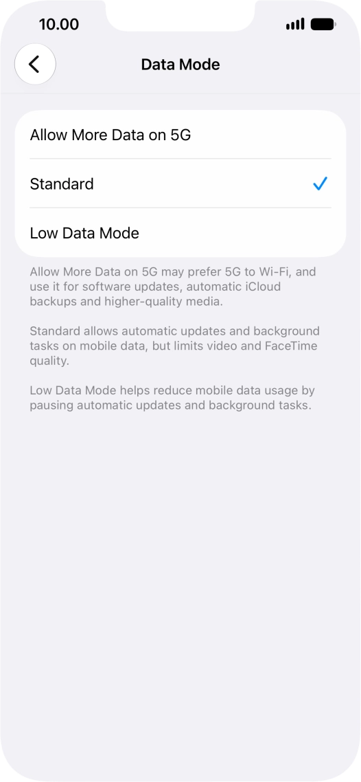 Press the required setting.