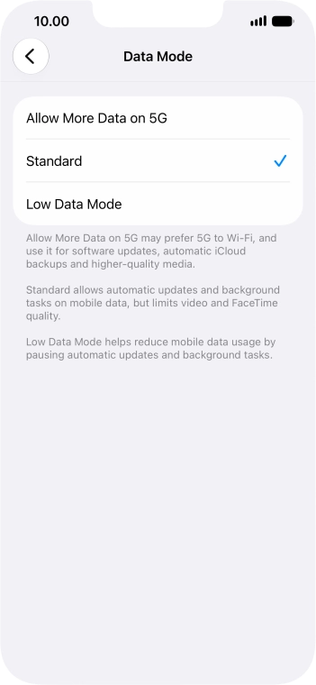 Press the required setting.