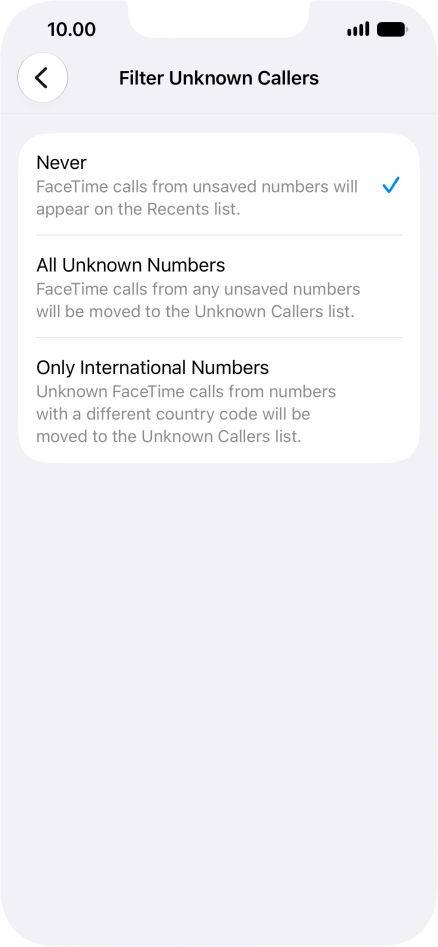 Press the required setting to turn the function on or off.
