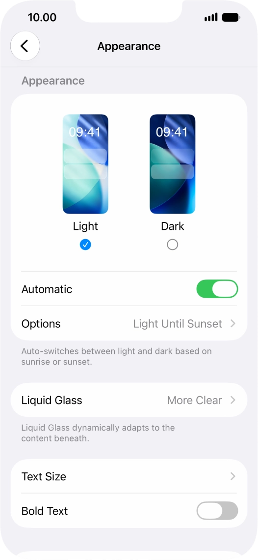 If you turn on the function, press Options and follow the instructions on the screen to select the required period of time for Dark Mode.