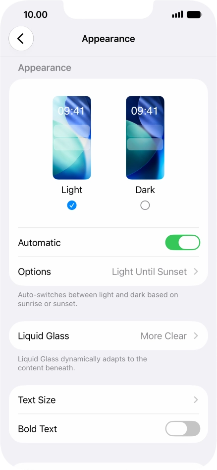 If you turn on the function, press Options and follow the instructions on the screen to select the required period of time for Dark Mode.
