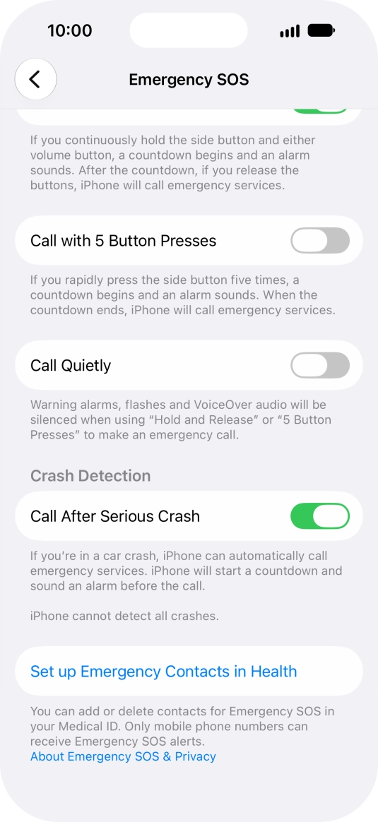 Press Set up Emergency Contacts in Health and follow the instructions on the screen to key in your emergency info and emergency contacts. Press Set up Emergency Contacts in Health and follow the instructions on the screen to key in your emergency info and emergency contacts.