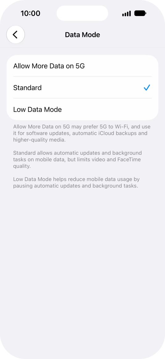 Press the required setting.