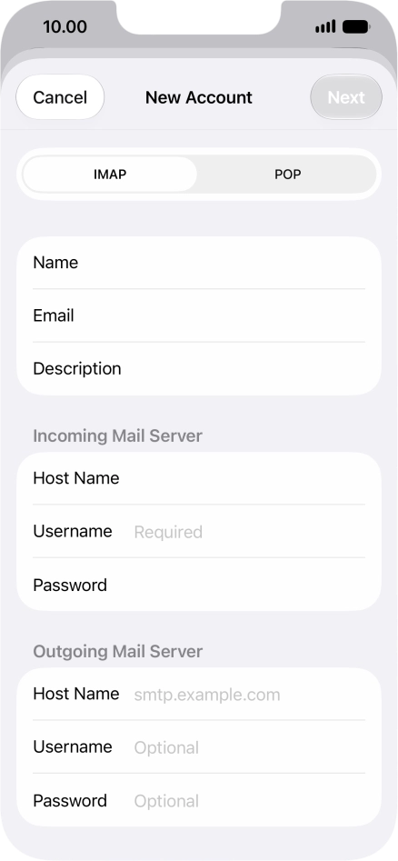 Press Username and key in the username for your email account. Press Username and key in the username for your email account.