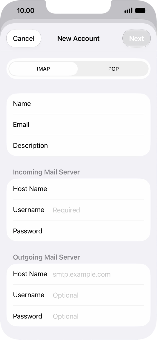 Press Username and key in the username for your email account. Press Username and key in the username for your email account.