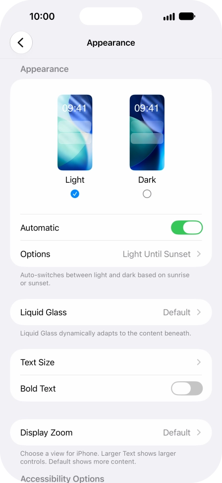 If you turn on the function, press Options and follow the instructions on the screen to select the required period of time for Dark Mode.