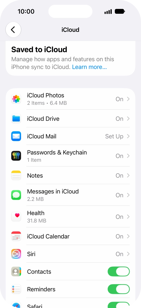 Press the indicators next to the required data types to turn synchronisation of each data type on or off. Press the indicators next to the required data types to turn synchronisation of each data type on or off.