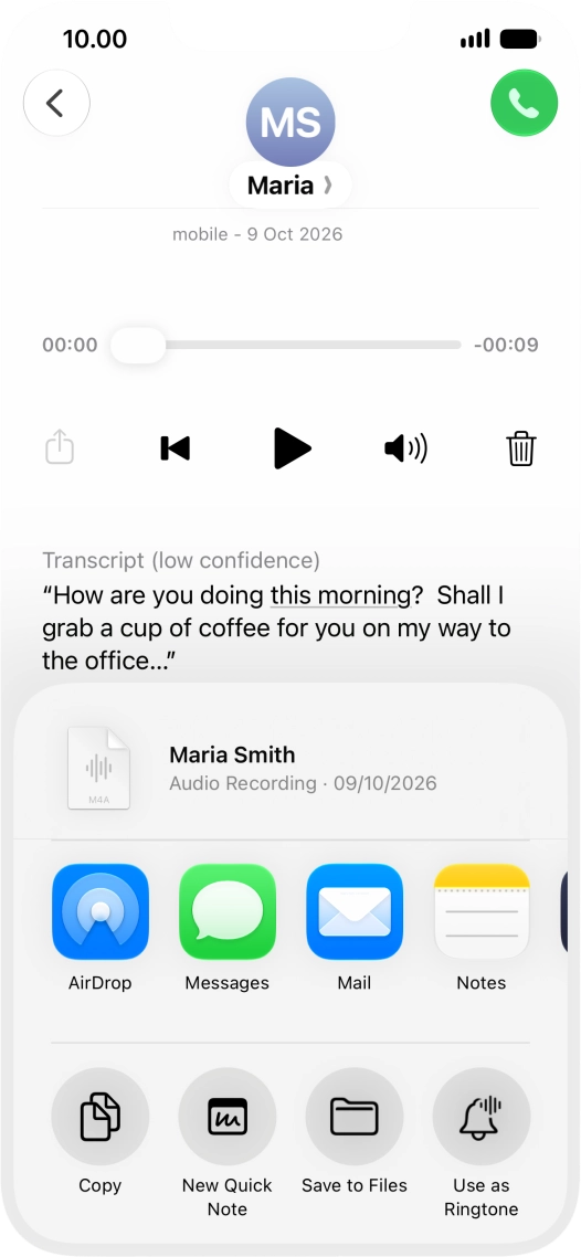 Press the required setting and follow the instructions on the screen to share or save the message.