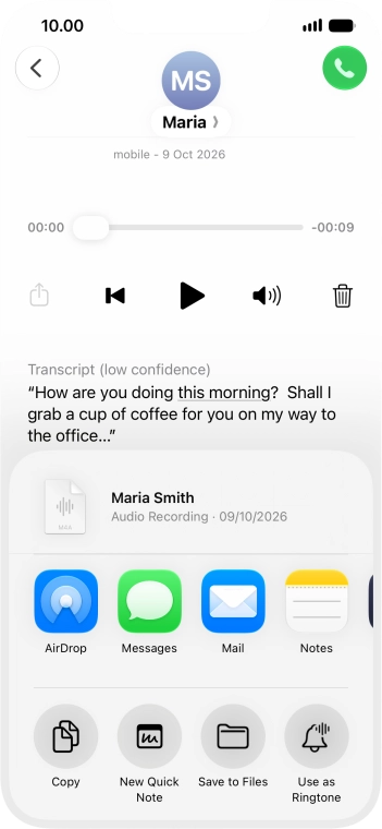 Press the required setting and follow the instructions on the screen to share or save the message.