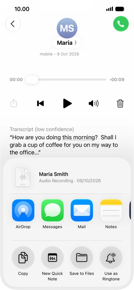 Press the required setting and follow the instructions on the screen to share or save the message.