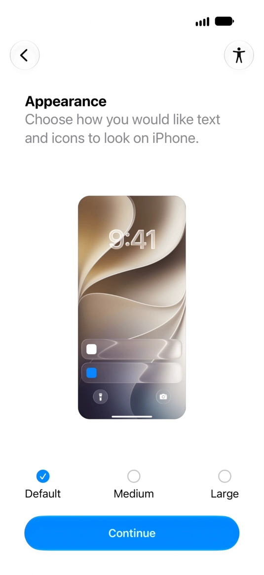 Select the required text and icon size on your phone and press Continue.