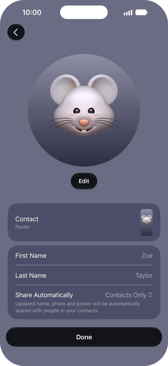 Press the name fields and follow the instructions on the screen to edit your name on the Contact Poster.