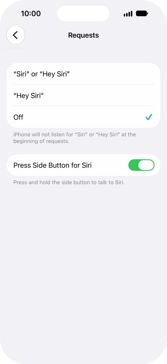 Press the required setting to turn the function on or off. If you turn on the function, you need to follow the instructions on the screen to set up Siri to recognise your voice.