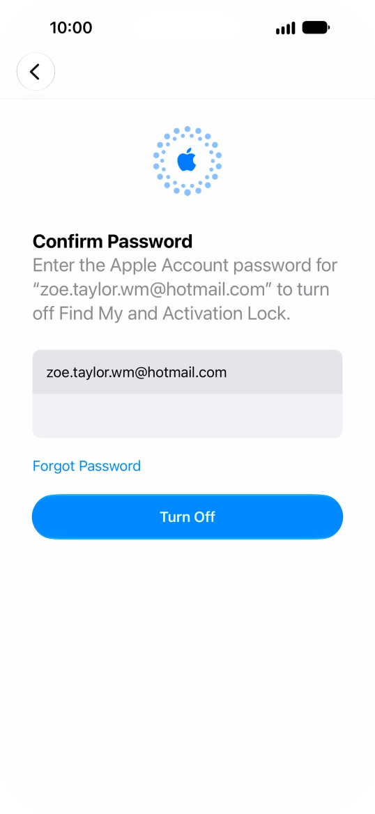 Key in the password for your Apple Account and press Turn Off. Wait a moment while the factory default settings are restored. Follow the instructions on the screen to set up your phone and prepare it for use.