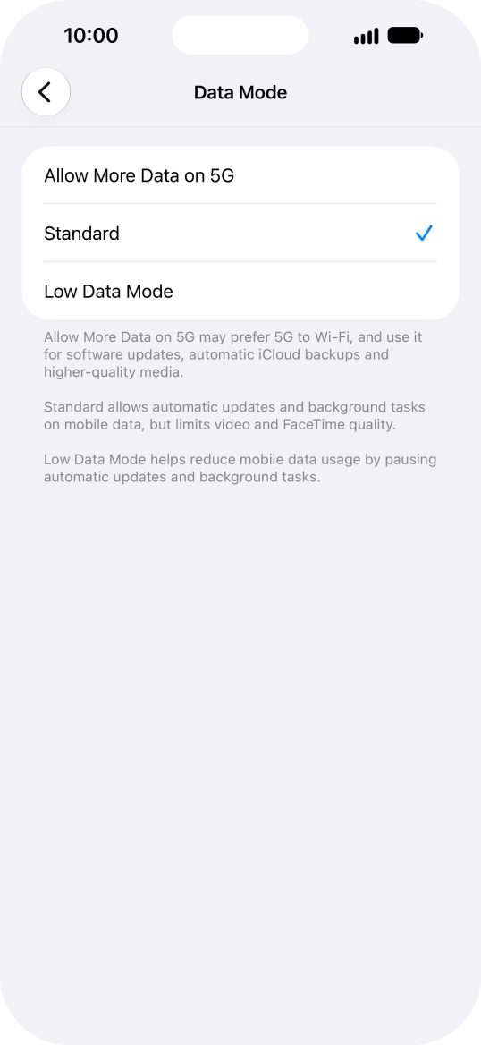 Press the required setting.