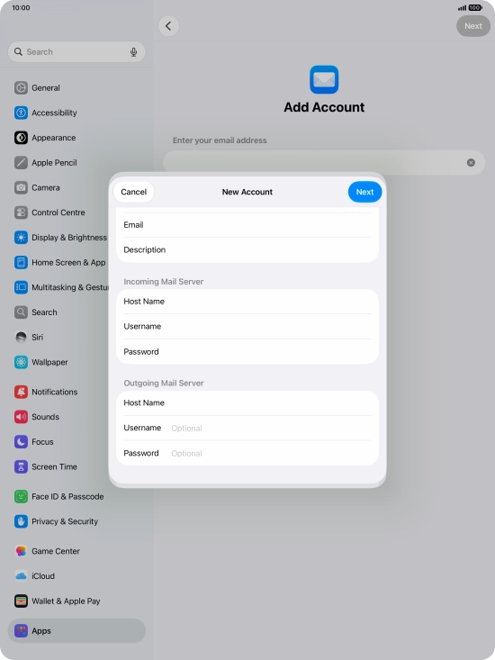 Press Username and key in the username for your email account.