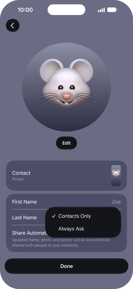 Press the required setting.