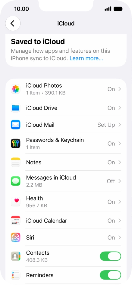 Press the indicators next to the required data types to turn synchronisation of each data type on or off.