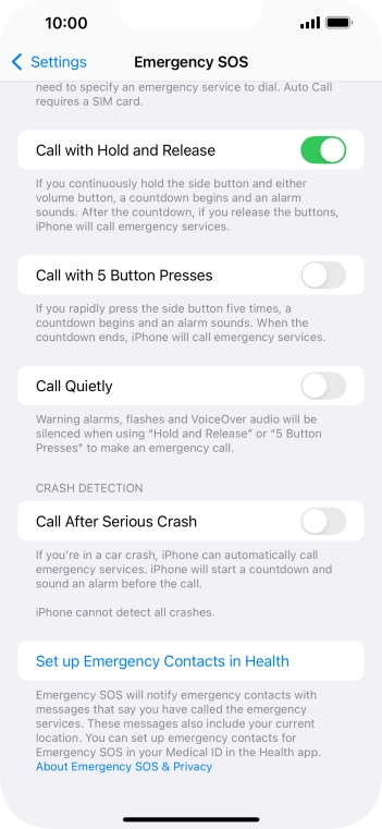 Press Set up Emergency Contacts in Health and follow the instructions on the screen to key in your emergency info and emergency contacts.