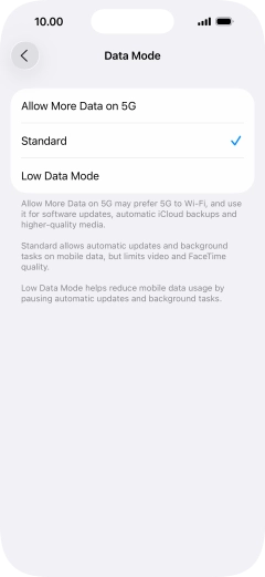Press the required setting.