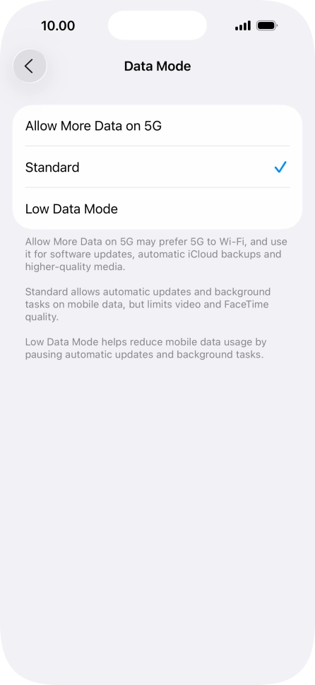 Press the required setting.