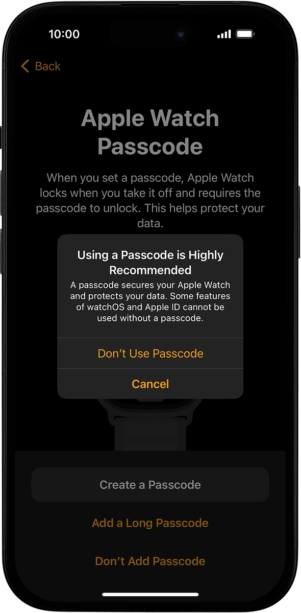 On your phone: Press Don't Use Passcode.