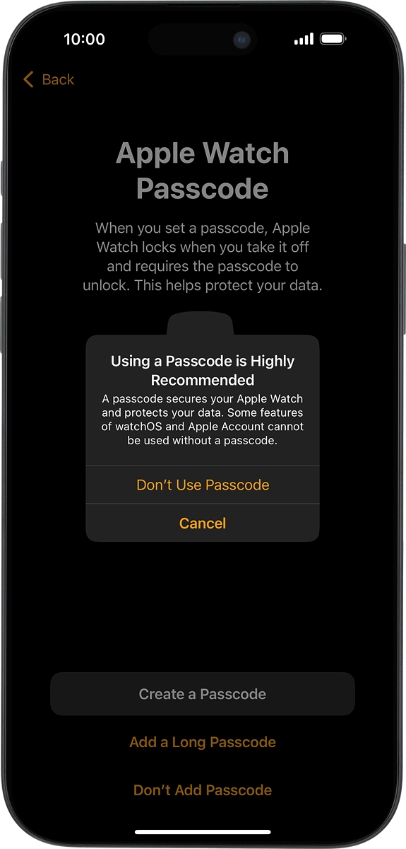 On your phone: Press Don't Use Passcode.