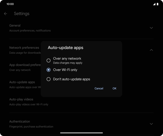 To turn on automatic update of apps using mobile network, press Over any network.