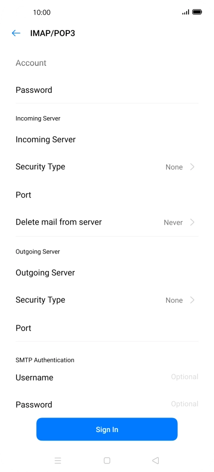 Press Username and key in the username of your email provider's outgoing server.