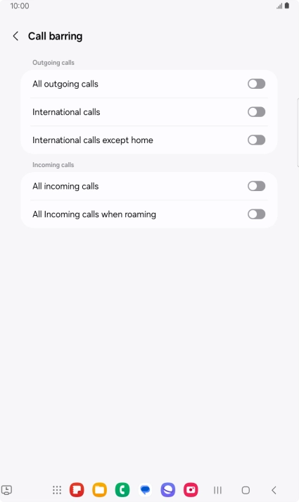 Press the indicator next to the required barring type to turn the function on or off.