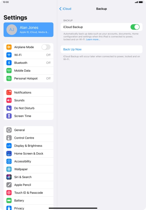 Press Back Up Now and wait while the tablet memory is backed up.