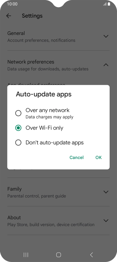 To turn on automatic update of apps using mobile network, press Over any network.