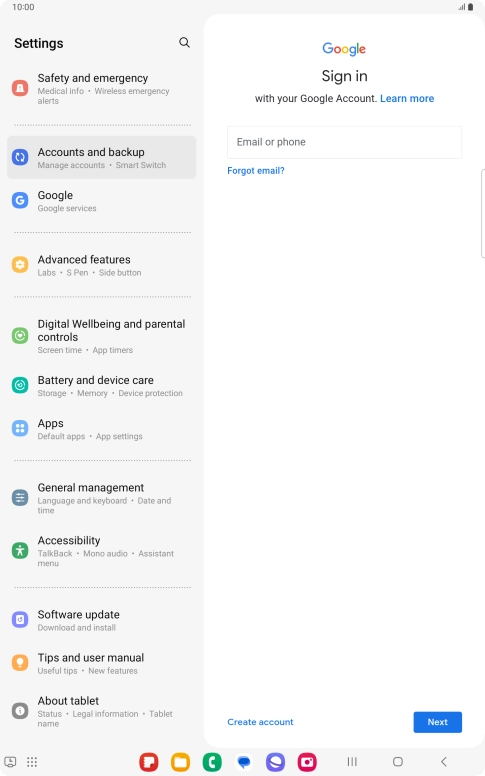 If you don't have a Google account, press Create account and follow the instructions on the screen to create an account.